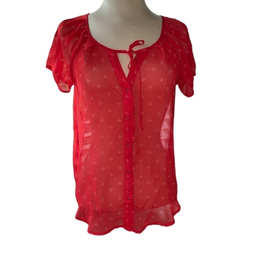 Old Navy blouse sheer material short sleeve button down tie at neckline Sz small